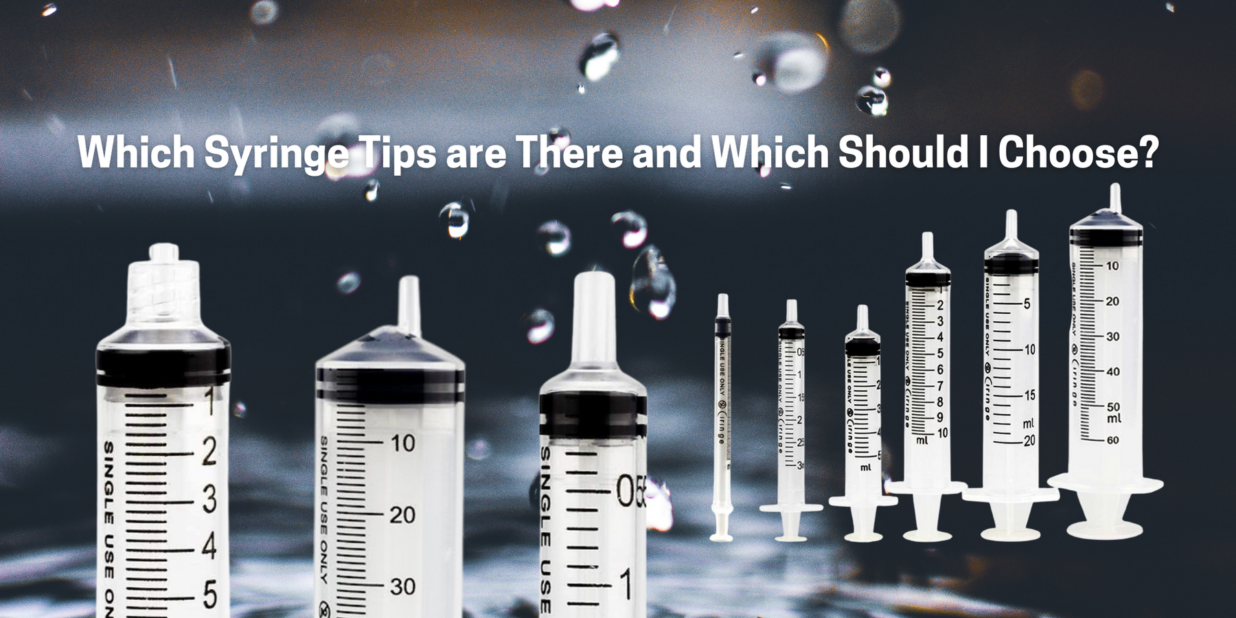 Different syringe types, leur lock, slip tip, Eccentric and Ciringe syringes on a water bubble background
